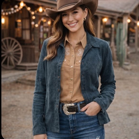 ecru Jackets & Blazers - Ecru suede perforated fitted snap bluish gray soft pliable western street wear s